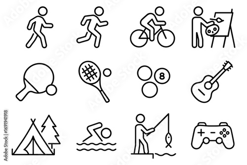 Diverse hobbies and sports icons set in minimalist linear design