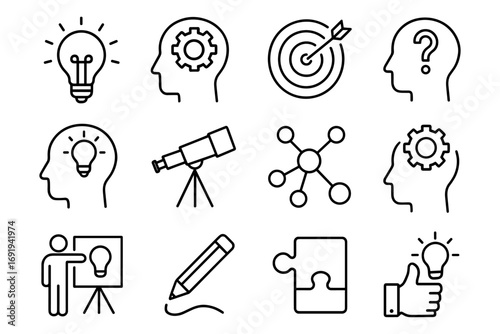Linear icon set of thinking, innovation, and creative process concepts