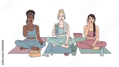 Three diverse women practicing yoga and self care together on mats with skincare products and water bottles in a bright clean studio environment
