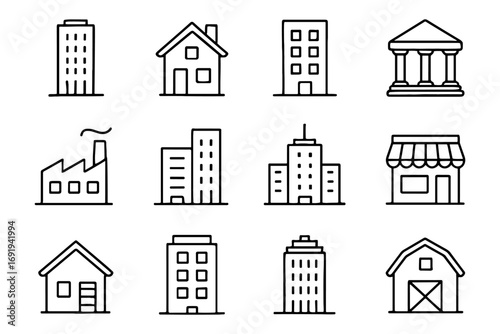 Linear building icons set: residential, commercial, industrial, and civic structures
