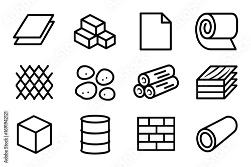 Industrial material icons set in simple linear design