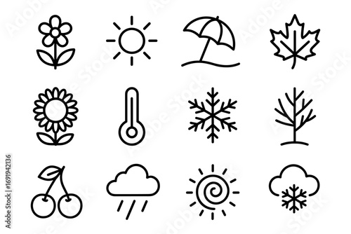 Minimalist linear icons representing four seasons with weather and nature elements