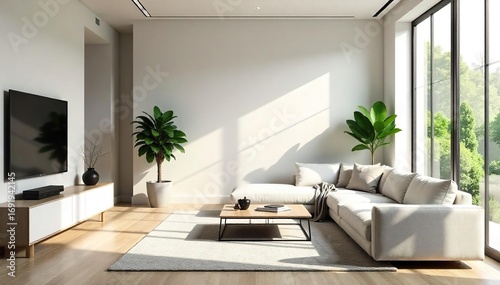 Serene minimalist living room featuring a neutral palette, sleek furniture, and natural light streaming through large windows, creating a calm and sophisticated atmosphere , style, serene