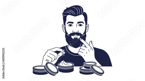 Stylish bearded man with modern haircut applying beard balm or wax for grooming and styling his facial hair with multiple containers on a table