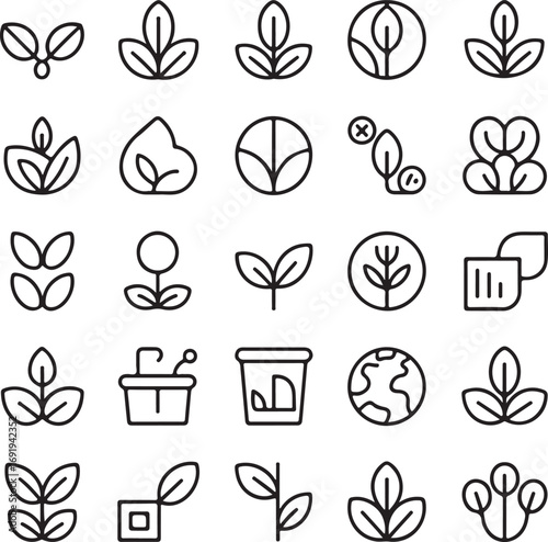 Collection of plant and sprout outline icons for nature and growth leaf seedling