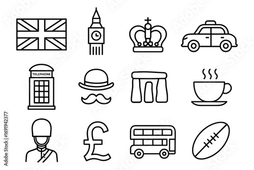 Iconic british symbols: london line art featuring big ben, double decker bus, and more