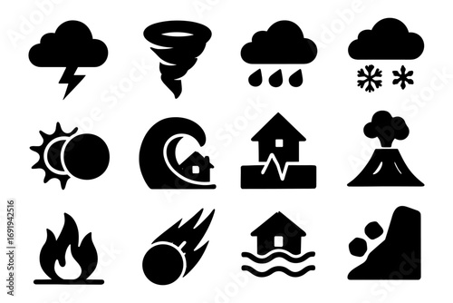 Silhouette icons of natural disasters and weather events
