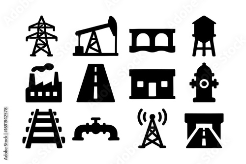 Urban and industrial infrastructure icons set in bold silhouette style