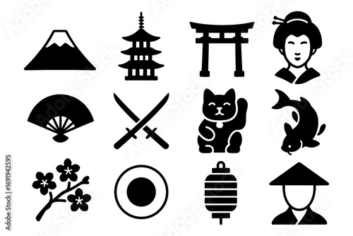 Japanese culture icons collection featuring traditional symbols and landmarks