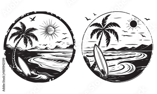 Vector illustration of a vintage beach scene with palm trees and surfboards in a circular design.