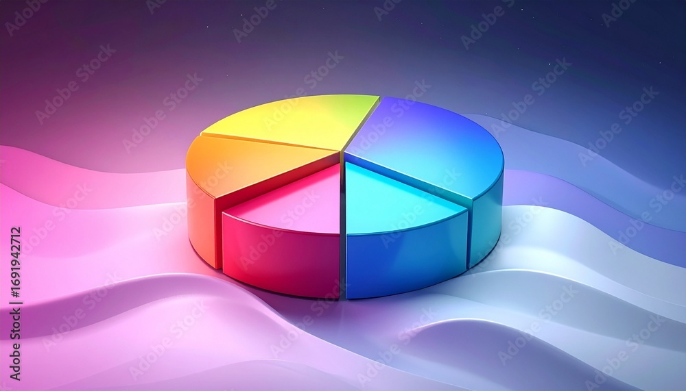Fototapeta premium Vibrant Glossy 3D Pie Chart with Dynamic Blue Wave Background