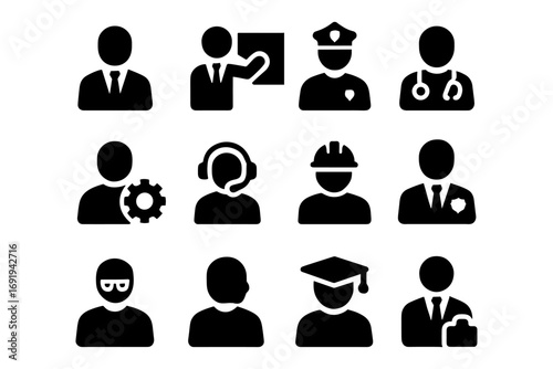 Set of silhouette icons representing various professional occupations