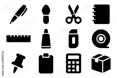 Essential office supplies icons set for efficient organization and creative work environments