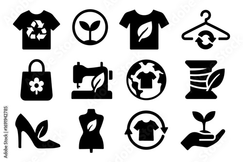 Eco-friendly fashion icons: sustainability, recycling, and organic clothing symbols