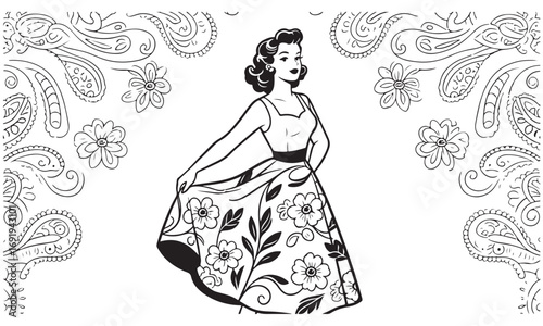Vintage illustration of a woman in a dress with flowers, black and white drawing