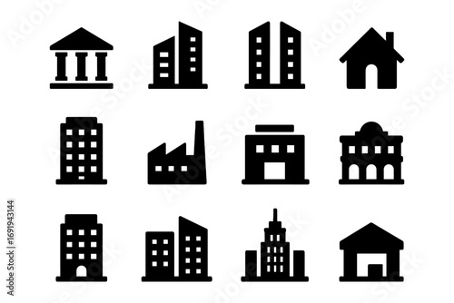 Silhouetted building icons: urban architecture and homes collection