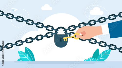 Open the lock. Сhain lock closed object. A person holds the key to the hand. Chains for the castle as a symbol of protection and safety. The padlock icon. Symbol of protection. Vector illustration