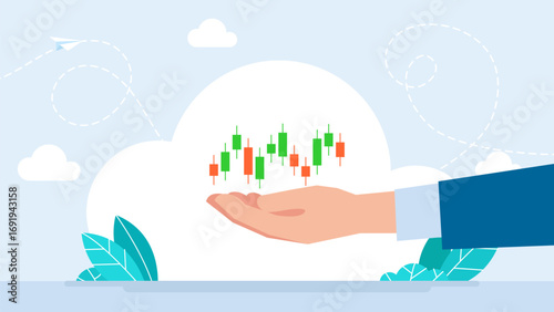 Hand holding candlestick icon set. Candlestick pattern chart symbol. Market investment trading. Hand with growth stock diagram financial graph. Candlestick icon trading stock. Vector illustration