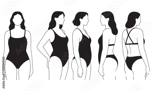 Vector illustration of women in swimsuits. Diverse body shapes, black silhouettes and thin lines