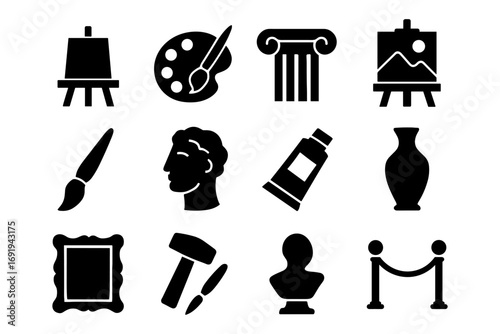 Art tools and museum icons in bold silhouette style for creative design projects