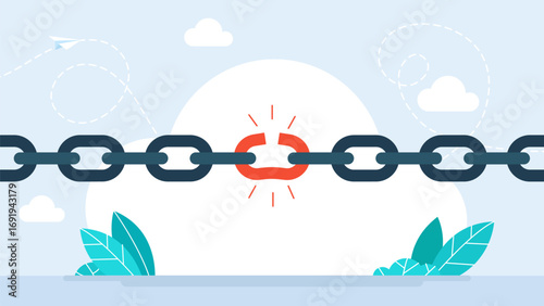 Weak link. Broken chain or weakness concept. Broken or unleashed black chain like freedom icon. concept of lost control sign or system vulnerability or security risk. Vector illustration