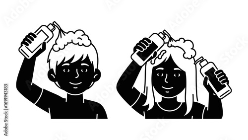 Two people a man and a woman are shown from the shoulders up applying shampoo to their hair with bottles in a simple black and white illustration