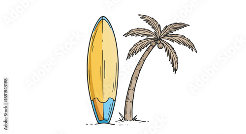 Surfboard and Palm Tree on Sandy Beach 1.