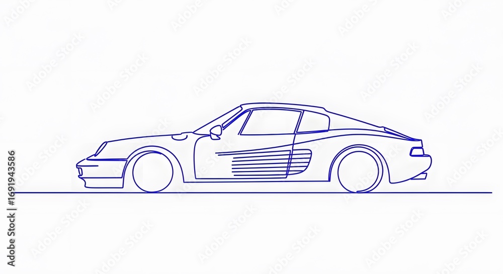 Fototapeta premium Blue Contour Line Drawing of Sportscar on White Background