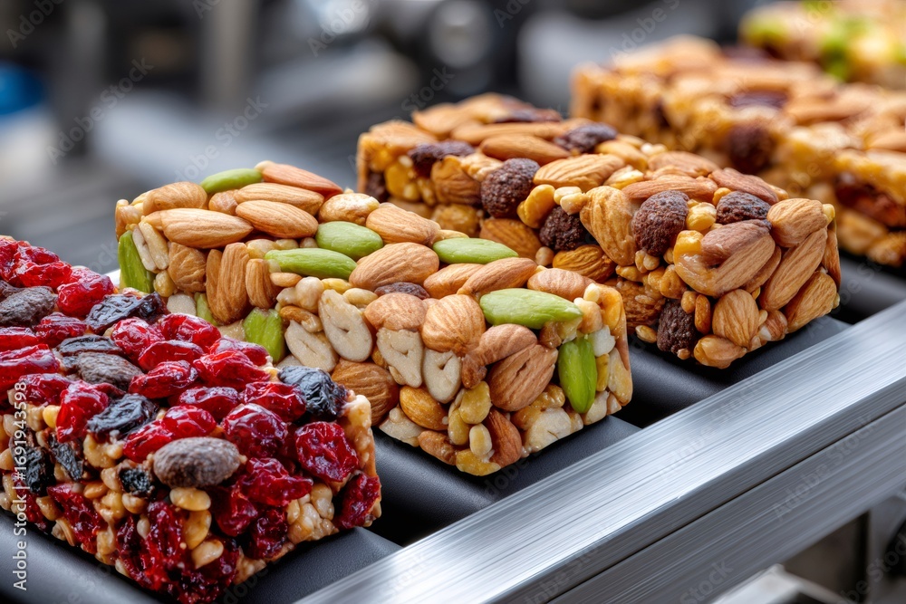 Fototapeta premium Cereal bars with nuts and dried fruits coming out of production line