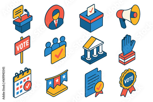 Isometric voting icons set with political symbols and election elements