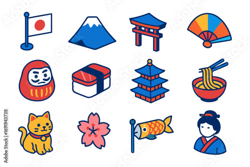 Icon set featuring japanese culture: traditional symbols and landmarks