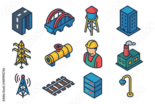 Isometric urban infrastructure icons collection with buildings and utilities