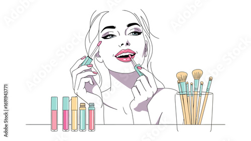 Stylish woman applying vibrant pink lipstick with makeup brushes and colorful lip gloss tubes on a clean white background