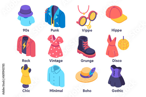 Fashion icons: isometric styles from 90s to gothic trends