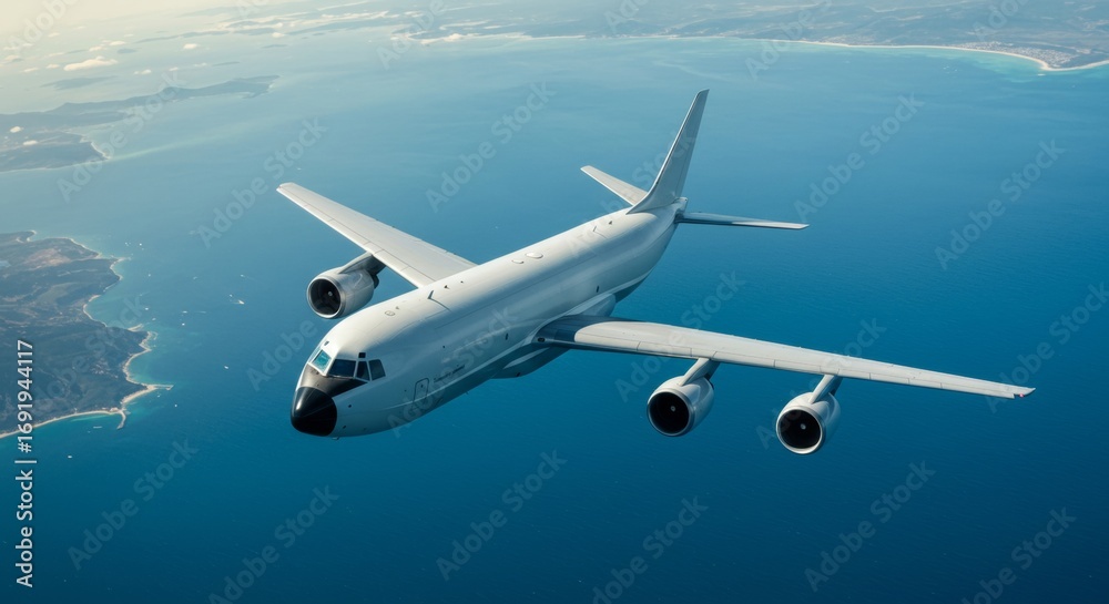 Obraz premium A large cargo airplane flies over a serene blue ocean and coastline