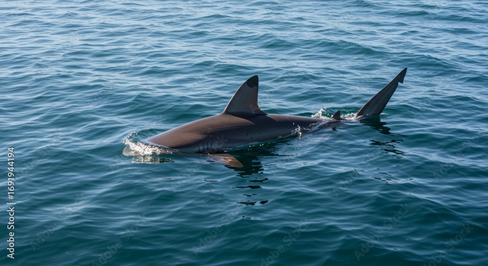 Fototapeta premium Magnificent Shark Gliding Serenely Through Deep Blue Ocean Waters