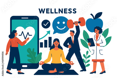 Modern wellness concept with technology, fitness, and meditation in flat design