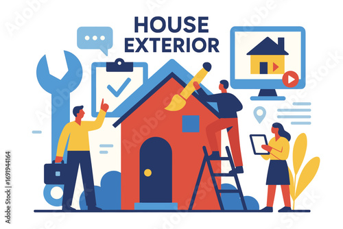 Home renovation concept with people working on house exterior upgrades