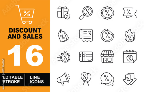 Discount and Sales line icon set. Gift, glass, badge, ribbon, tag, receipt, sticker, fire, stopwatch, card, store, calendar, megaphone, balloon, bubble, arrow and more. Editable stroke icons