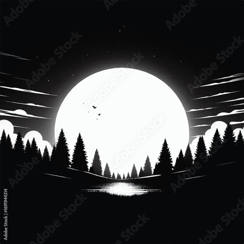 A minimalist black and white illustration depicts a serene nighttime scene with a large full moon illuminating a calm lake nestled amidst a dark silhouette of a pine forest.