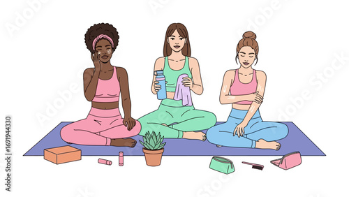 Three diverse women in athletic wear practicing yoga meditation and self care with beauty products and plants on a mat