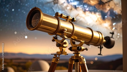 Brass telescope stands ready for celestial viewing. It's mounted on a tripod, with a vibrant sky full of stars & nebulous cloud formations visible in the background