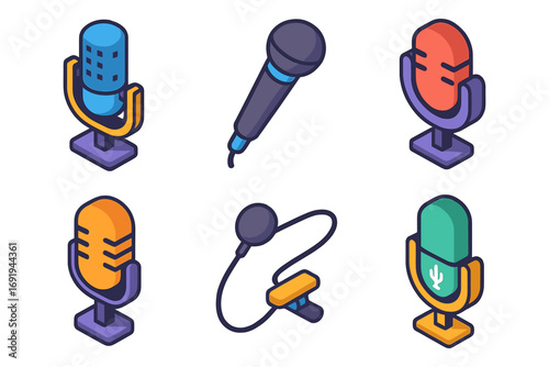 Colorful isometric microphones set featuring diverse designs and vibrant colors
