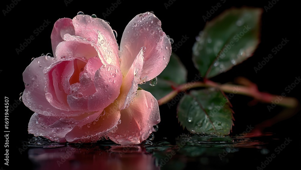Fototapeta premium Delicate pink rose with water droplets on black background