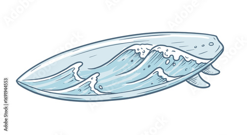 Surfboard riding ocean wave cresting.