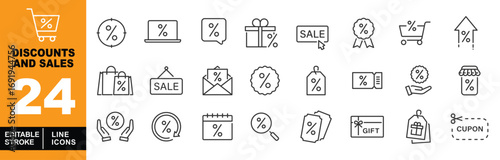 Discounts and Sales line icon set. Cart, circle, laptop, bubble, gift, sale, ribbon, arrow, bag, envelope, badge, tag, coupon, calendar, magnifying and more. Editable stroke icons collection.