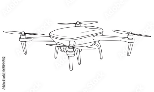 Drone outline drawing, modern unmanned aerial vehicle isolated on white background, vector illustration