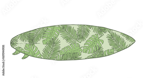 Surfboard with Tropical Leaf Design 1.