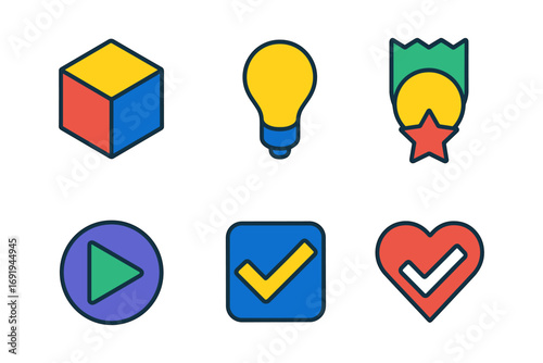 Colorful geometric icons: cube, lightbulb, badge, play, check, heart