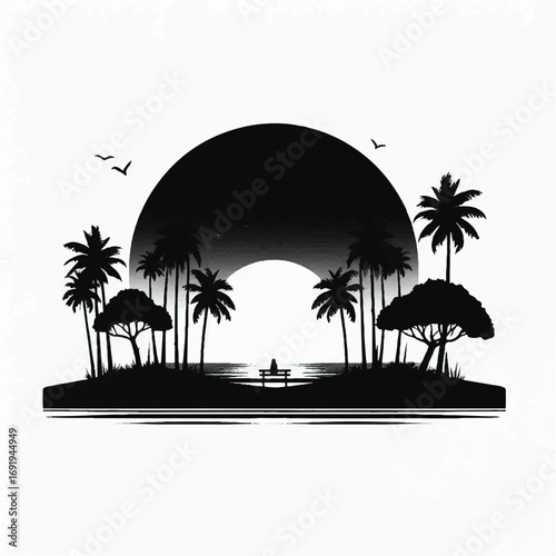 A black and white illustration depicts a serene beach scene at sunset, featuring a solitary figure sitting on a bench, surrounded by palm trees and other vegetation, with two birds flying overhead.